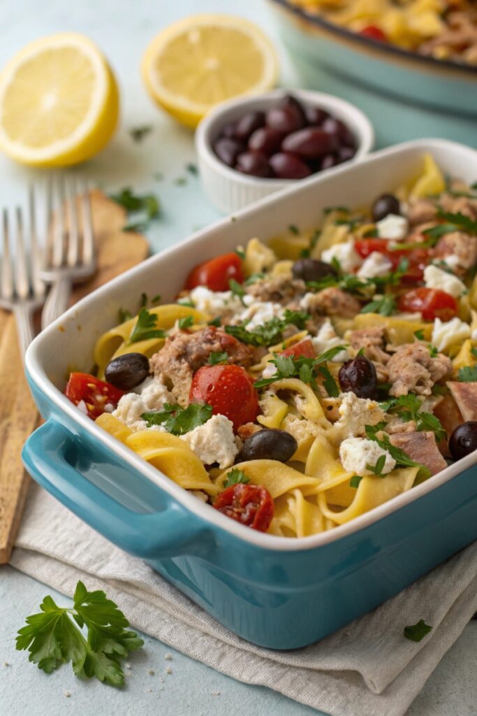 A close-up of a Mediterranean-inspired healthy tuna casserole with tuna, pasta, olives, feta, and oregano