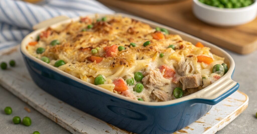 A close-up of a healthy tuna casserole with tuna, whole wheat pasta, Greek yogurt, peas, carrots, and melted cheese.