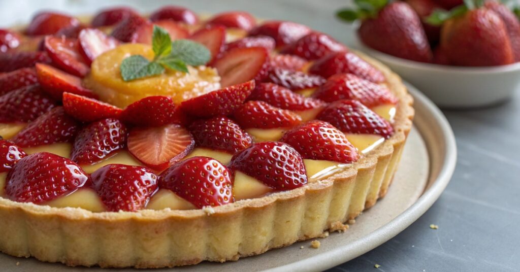 Close-up of a freshly made strawberry tart with glossy strawberries