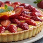 Close-up of a freshly made strawberry tart with glossy strawberries