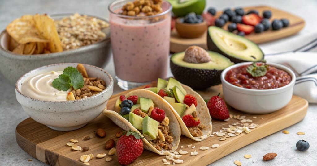 Colorful high protein breakfast spread without eggs featuring oatmeal, tacos, smoothie, and parfait.