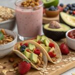 Colorful high protein breakfast spread without eggs featuring oatmeal, tacos, smoothie, and parfait.