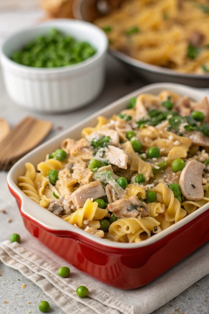 A close-up of healthy tuna casserole ingredients including tuna, whole wheat pasta, Greek yogurt, peas, and mushrooms.