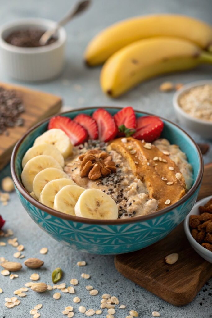 Creamy peanut butter banana oatmeal with chia seeds.
