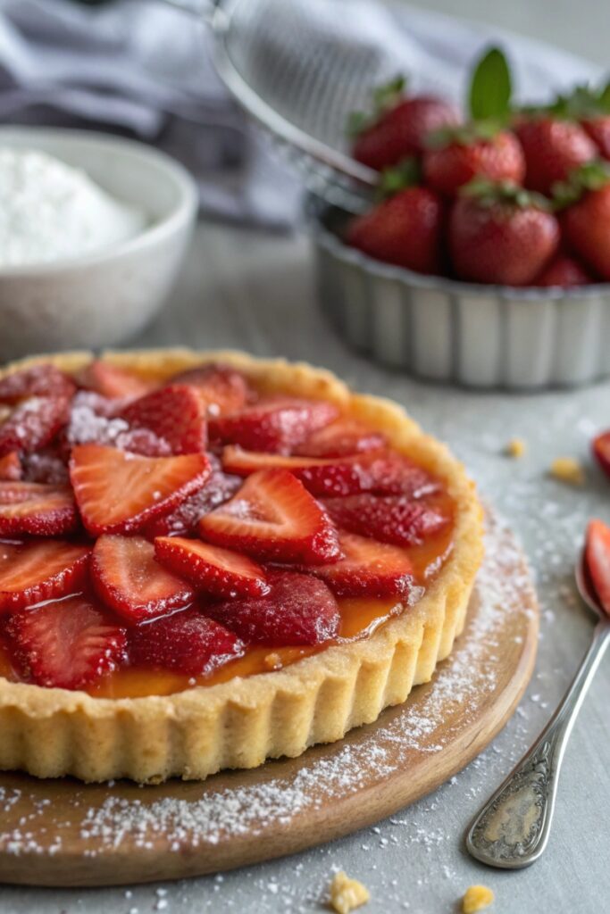 Close-up of a golden strawberry tart crust
