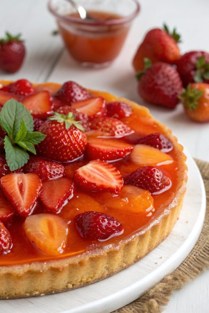 Shiny strawberry tart topping with glaze