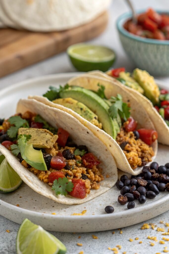 Tofu breakfast tacos with avocado and salsa.