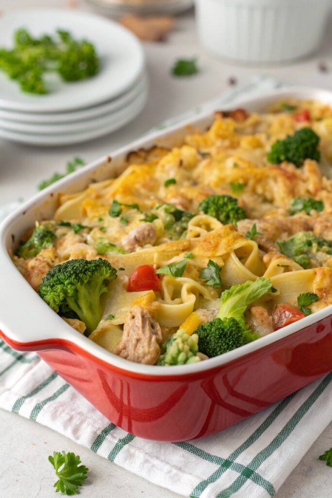 A colorful tuna casserole loaded with broccoli and melted cheese
