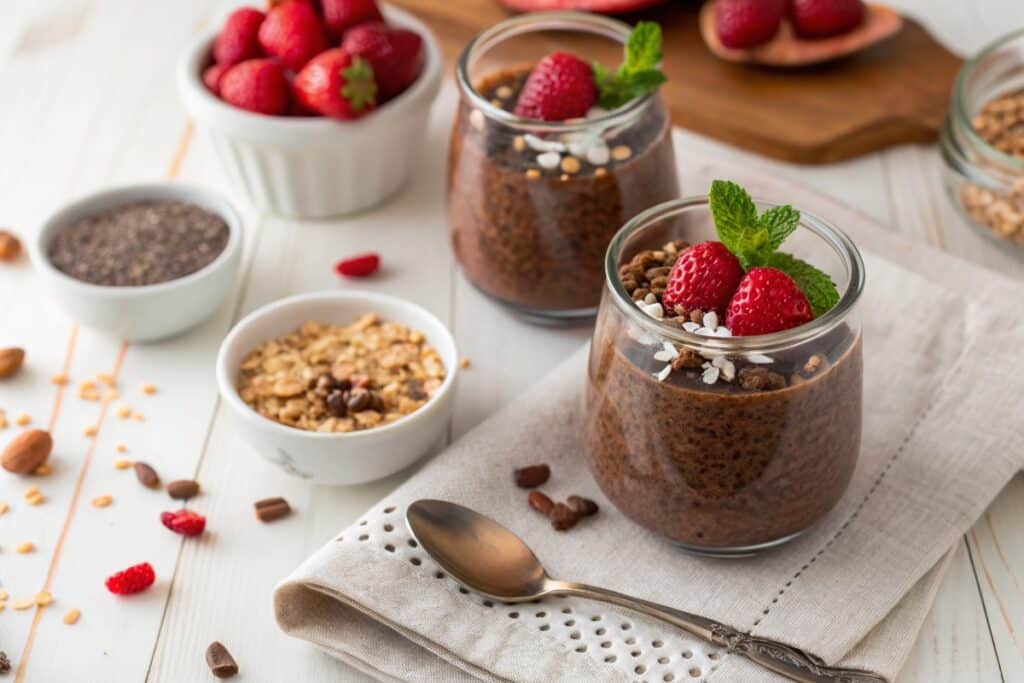Finished chocolate chia pudding with strawberries and coconut in a glass jar
