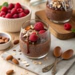 Creamy chocolate chia pudding in a glass jar with raspberries and almonds on a wooden table
