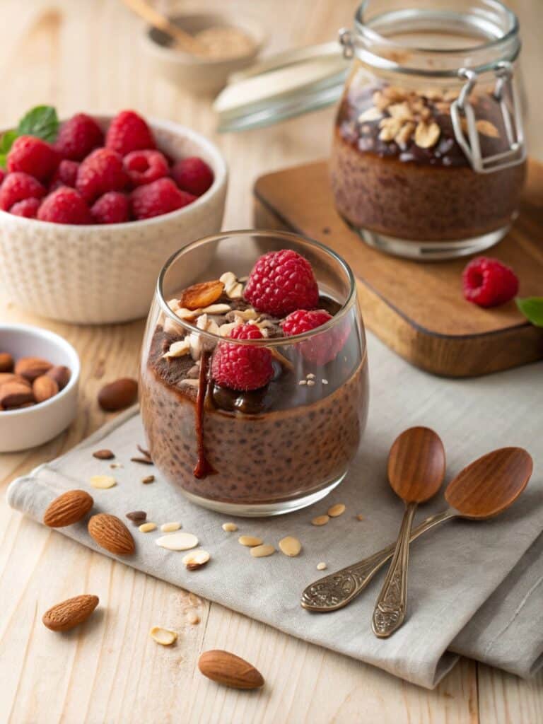 Creamy chocolate chia pudding in a glass jar with raspberries and almonds on a wooden table