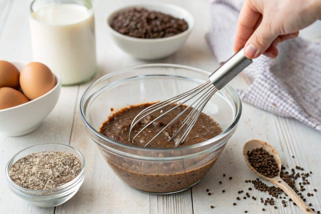 Whisking chocolate chia pudding ingredients in a glass bowl for a smooth texture