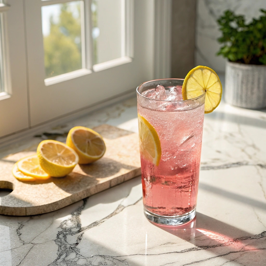 Glass of pink salt water with lemon for hydration and weight loss